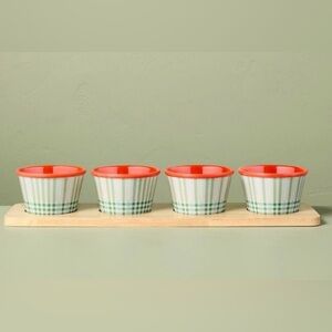 Hearth & Hand Mini-Bowls W/ Tray 5 Piece Set Plaid & Orange Accents & Wood Tray
